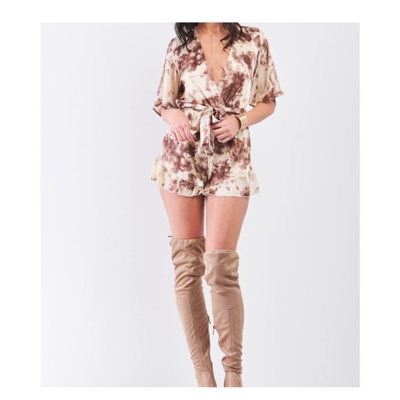 Pants - Brown Tye-Dye V-neck Ruffle Hem Romper NEW